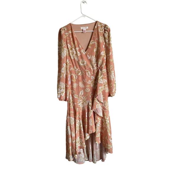 Flying Tomato NWT Peach/Ivory/Taupe Floral High Low V-Neck Midi Dress - Picture 3 of 7